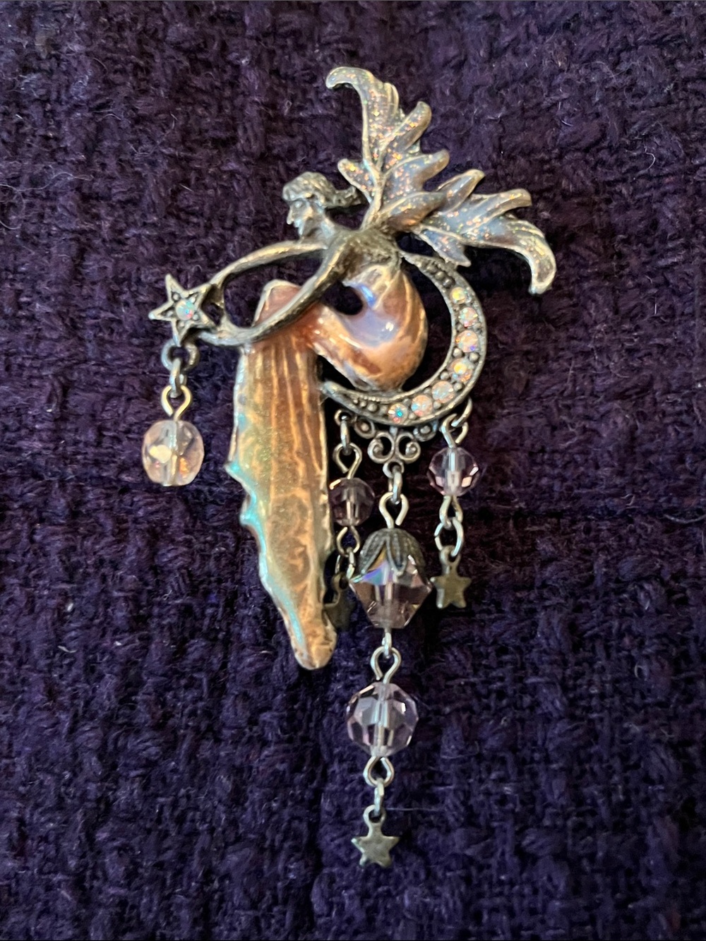 Kirks Folly Fairy Moon Brooch in Iridescent Purple and Antique Silver Tones
